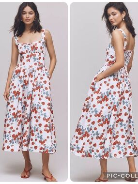 NWT Reformation Balia Basque Waist Linen Midi Dress Size 12 Strawberry Jam